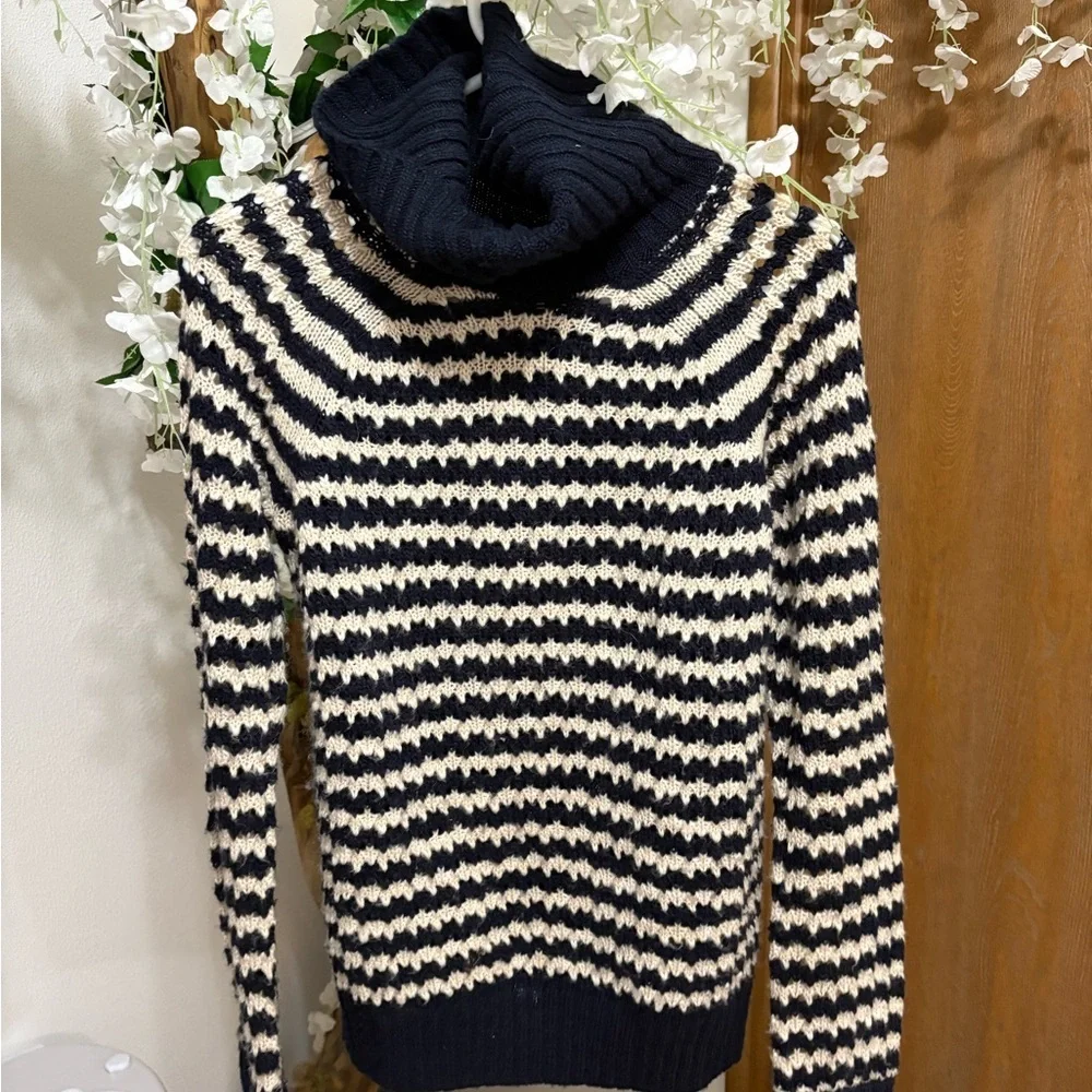 Tory Burch Carey Navy and Cream Striped Turtleneck Sweater